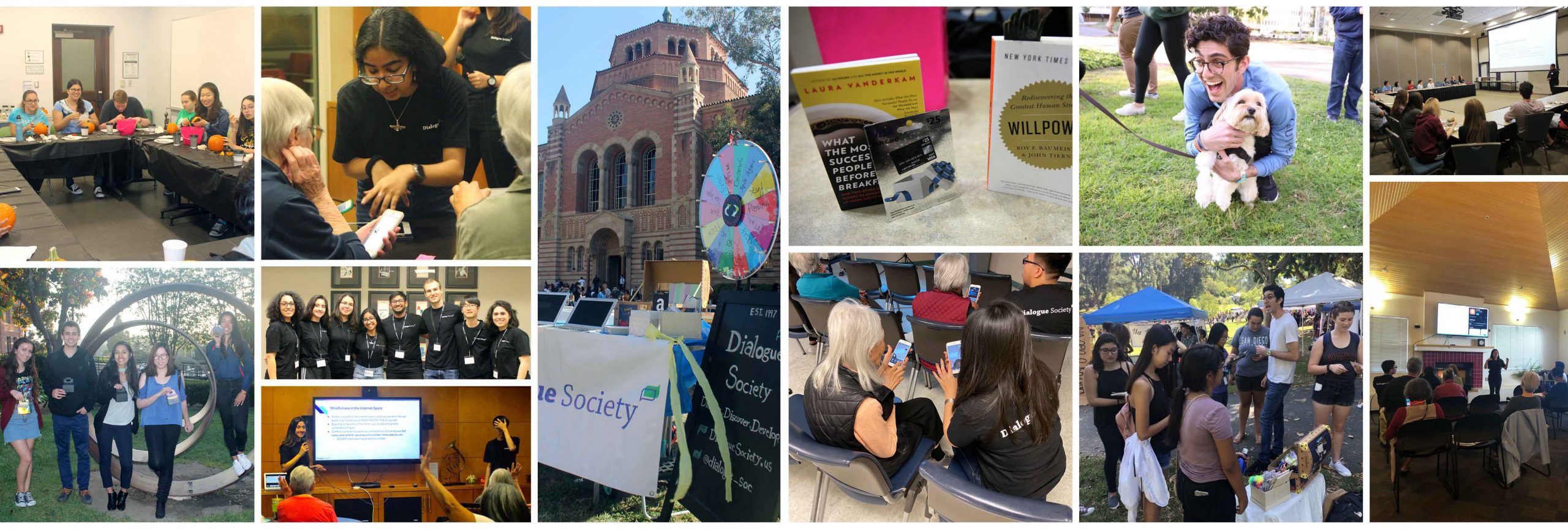 A selection of photos depicting various activities of the two chapters of the Dialogue Society student clubs at UCLA and UCI.
